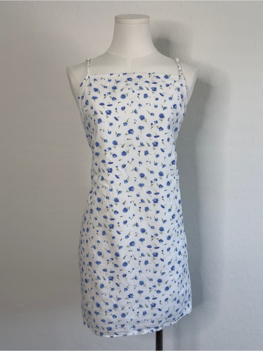 Cotton White Mini Dress with Blue Floral Print